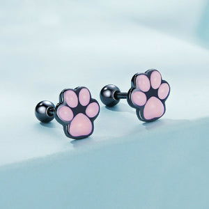 925 Sterling Silver Sweet and Cute Enamel Cat's Paw Print Stud Earrings