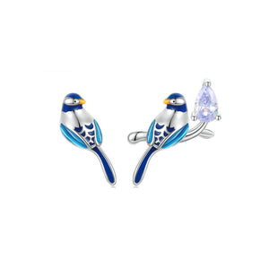 925 Sterling Silver Fashion Enamel Blue Bird Stud Earrings with Cubic Zirconia