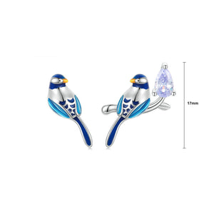 925 Sterling Silver Fashion Enamel Blue Bird Stud Earrings with Cubic Zirconia