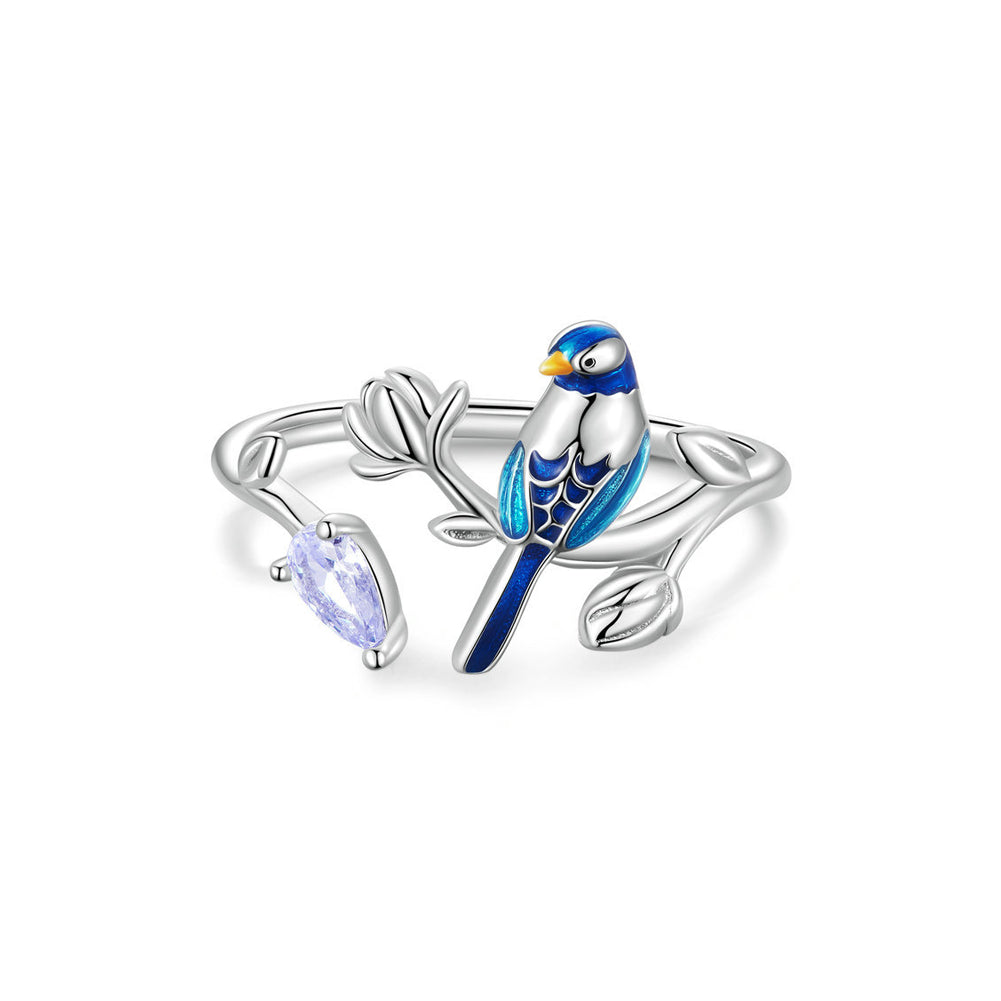 925 Sterling Silver Fashion Elegant Enamel Blue Bird Adjustable Open Ring with Cubic Zirconia