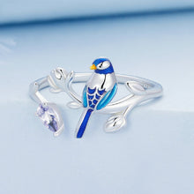 Load image into Gallery viewer, 925 Sterling Silver Fashion Elegant Enamel Blue Bird Adjustable Open Ring with Cubic Zirconia