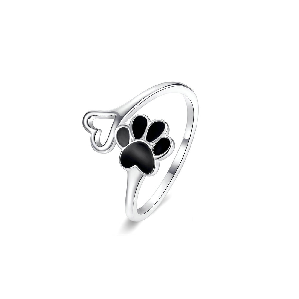 925 Sterling Silver Simple Cute Dog Paw Print Hollow Heart Adjustable Open Ring