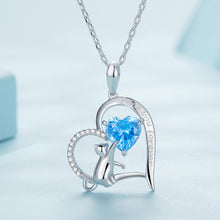 Load image into Gallery viewer, 925 Sterling Silver Fashion Cute Cat Heart Pendant with Cubic Zirconia and Necklace