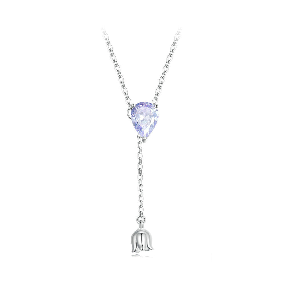 925 Sterling Silver Elegant Lily Of The Valley Tassel Water Drop Pendant with Cubic Zirconia and Necklace