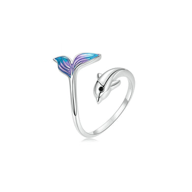 925 Sterling Silver Simple Cute Dolphin Enamel Colorful Tail Adjustable Open Ring