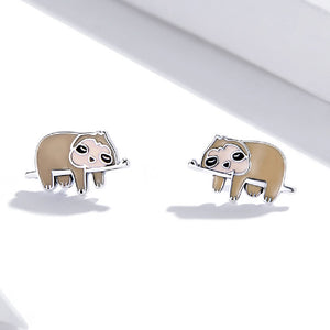 925 Sterling Silver Simple Cute Enamel Sloth Stud Earrings