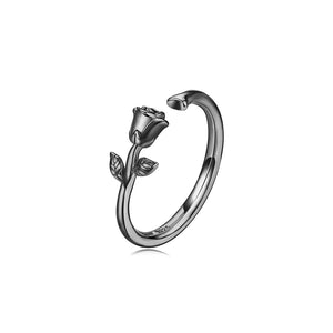 925 Sterling Silver Plated Black Simple Temperament Rose Geometric Adjustable Open Ring