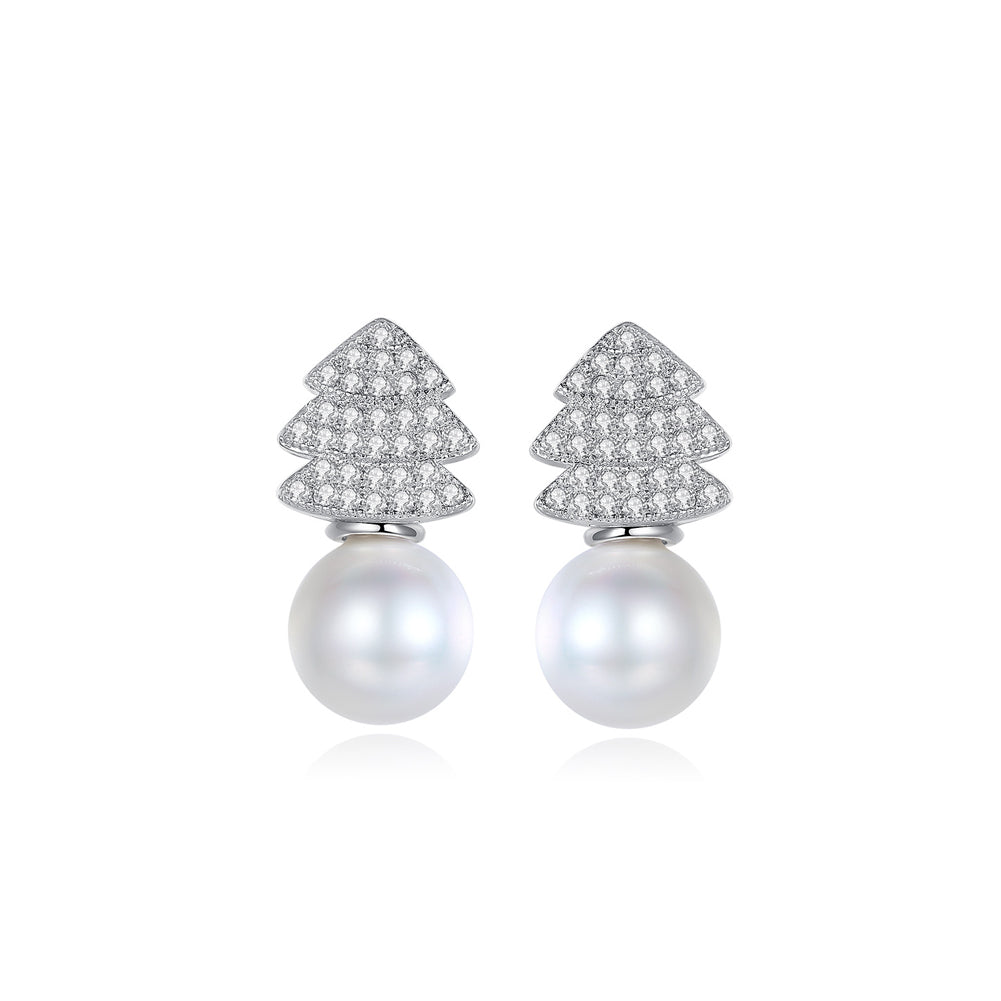 Fashion Simple Christmas Tree White Imitation Pearl Stud Earrings with Cubic Zirconia