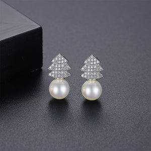 Fashion Simple Christmas Tree White Imitation Pearl Stud Earrings with Cubic Zirconia