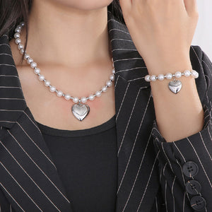 Fashion Romantic 316L Stainless Steel Heart Imitation Pearl Beaded Bracelet
