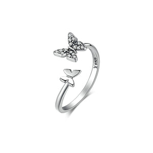 925 Sterling Silver Fashion Temperament Double Butterfly Adjustable Open Ring with Cubic Zirconia