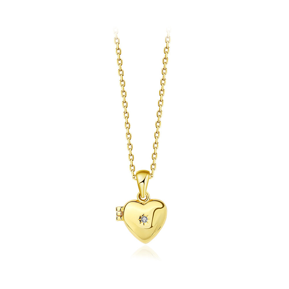 925 Sterling Silver Plated Gold Simple Romantic Heart Pendant with Cubic Zirconia and Necklace