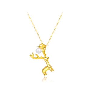 925 Sterling Silver Plated Gold Simple Cute Elk Imitation Pearl Pendant with Necklace