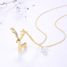Load image into Gallery viewer, 925 Sterling Silver Plated Gold Simple Cute Elk Imitation Pearl Pendant with Necklace