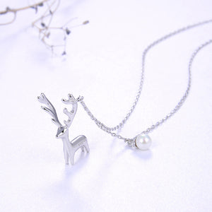 925 Sterling Silver Simple Cute Elk Imitation Pearl Pendant with Necklace