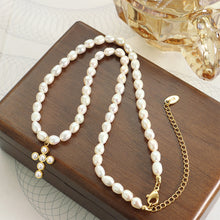 Load image into Gallery viewer, Fashion Elegant Plated Gold 316L Stainless Steel Cross Imitation Pearl Pendant with Beaded Necklace