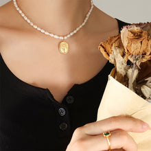 Load image into Gallery viewer, Fashion Elegant Plated Gold 316L Stainless Steel Flower Pattern Geometric Pendant with Imitation Pearl Beaded Necklace