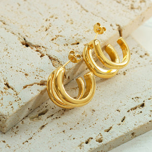 Fashion Simple Plated Gold 316L Stainless Steel Double Layer C-Shape Geometric Stud Earrings