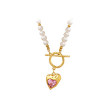 Load image into Gallery viewer, Fashion Temperament Plated Gold 316L Stainless Steel Irregular Heart Pendant with Pink Cubic Zirconia and Imitation Pearl Necklace
