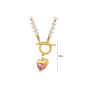 Fashion Temperament Plated Gold 316L Stainless Steel Irregular Heart Pendant with Pink Cubic Zirconia and Imitation Pearl Necklace