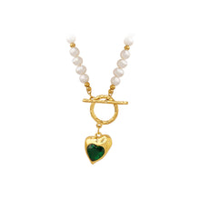 Load image into Gallery viewer, Fashion Temperament Plated Gold 316L Stainless Steel Irregular Heart Pendant with Green Cubic Zirconia and Imitation Pearl Necklace