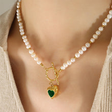 Load image into Gallery viewer, Fashion Temperament Plated Gold 316L Stainless Steel Irregular Heart Pendant with Green Cubic Zirconia and Imitation Pearl Necklace