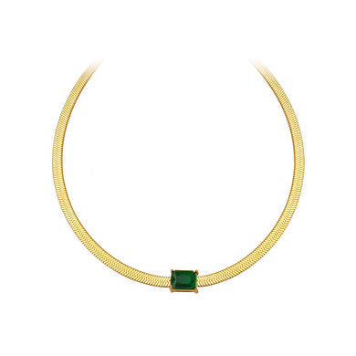 Simple Personality Plated Gold 316L Stainless Steel Geometric Square Green Cubic Zirconia Chain Necklace