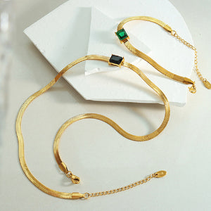 Simple Personality Plated Gold 316L Stainless Steel Geometric Square Green Cubic Zirconia Chain Necklace