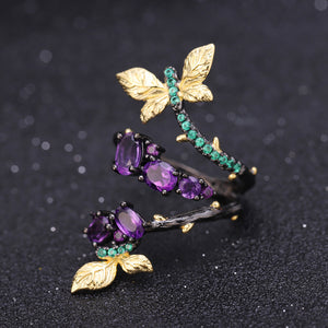 925 Sterling Silver Fashion Temperament Gold Butterfly Amethyst Adjustable Open Ring