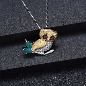 925 Sterling Silver Fashion Cute Owl Garnet Pendant with Cubic Zirconia and Necklace