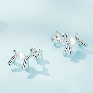925 Sterling Silver Simple Cute Balloon Dog Imitation Pearl Stud Earrings