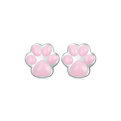 925 Sterling Silver Simple Cute Cat Pink Paw Print Stud Earrings