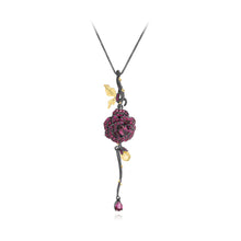 Load image into Gallery viewer, 925 Sterling Silver Plated Black Brilliant Temperament Rose Tassel Pendant with Garnet and Necklace