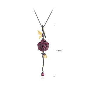 925 Sterling Silver Plated Black Brilliant Temperament Rose Tassel Pendant with Garnet and Necklace