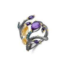 Load image into Gallery viewer, 925 Sterling Silver Plated Black Fashion Creative Gold Butterfly Amethyst Multilayer Adjustable Open Ring