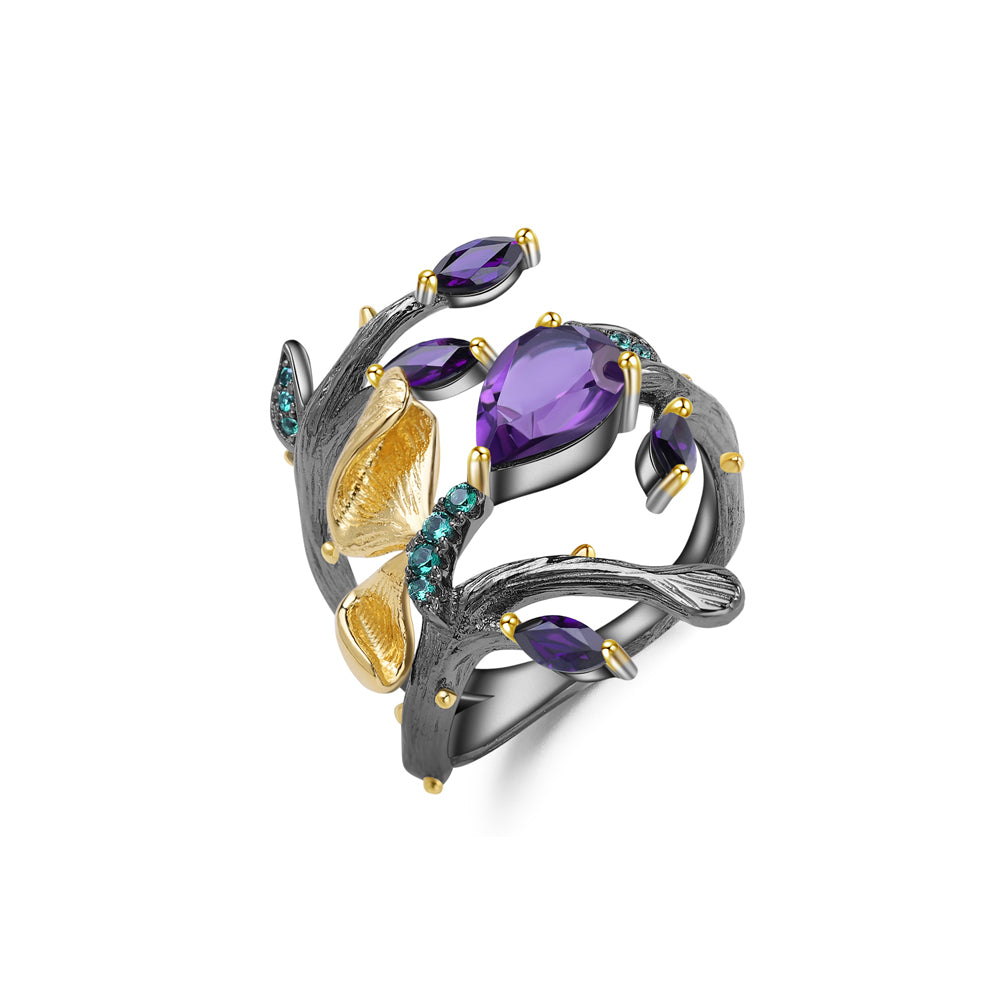925 Sterling Silver Plated Black Fashion Creative Gold Butterfly Amethyst Multilayer Adjustable Open Ring