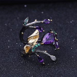 925 Sterling Silver Plated Black Fashion Creative Gold Butterfly Amethyst Multilayer Adjustable Open Ring
