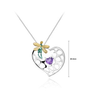 925 Sterling Silver Fashion Creative Elf Hollow Heart Pendant with Amethyst and Necklace