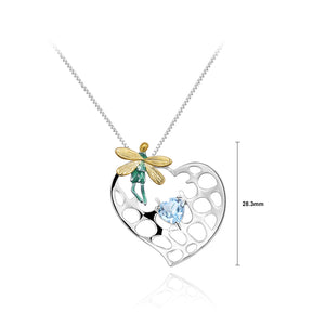 925 Sterling Silver Fashion Creative Elf Hollow Heart Pendant with Blue Topaz and Necklace