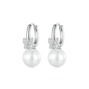 925 Sterling Silver Fashion Simple Butterfly Imitation Pearl Geometric Earrings with Cubic Zirconia