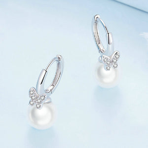 925 Sterling Silver Fashion Simple Butterfly Imitation Pearl Geometric Earrings with Cubic Zirconia