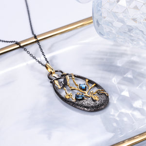 925 Sterling Silver Plated Black Fashion Temperament Golden Butterfly Nature Geometric Pendant with Blue Topaz and Necklace