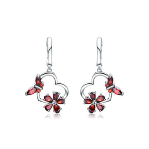 925 Sterling Silver Fashion Temperament Flower Butterfly Hollow Heart Earrings with Garnet
