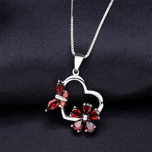 925 Sterling Silver Fashion Temperament Flower Butterfly Hollow Heart Pendant with Garnet and Necklace