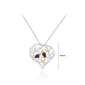925 Sterling Silver Fashion Temperament Golden Bird Hollow Heart Pendant with Amethyst and Necklace