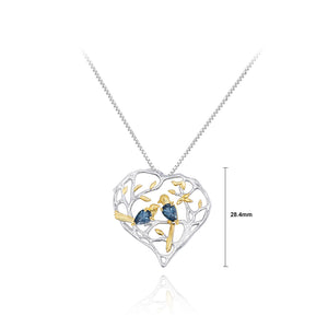925 Sterling Silver Fashionable Golden Bird Hollow Heart Pendant with Blue Topaz and Necklace