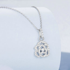 925 Sterling Silver Romantic Fashion Hollow Rose Pendant with Cubic Zirconia and Necklace