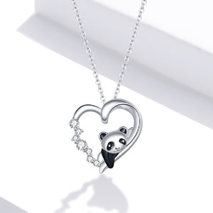 925 Sterling Silver Simple Cute Panda Heart Pendant with Cubic Zirconia and Necklace