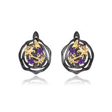 Load image into Gallery viewer, 925 Sterling Silver Plated Black Fashion Temperament Golden Flower Butterfly Geometric Stud Earrings with Amethyst