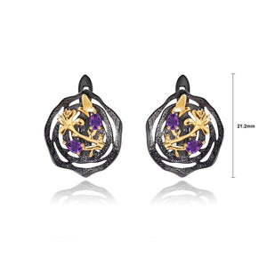925 Sterling Silver Plated Black Fashion Temperament Golden Flower Butterfly Geometric Stud Earrings with Amethyst